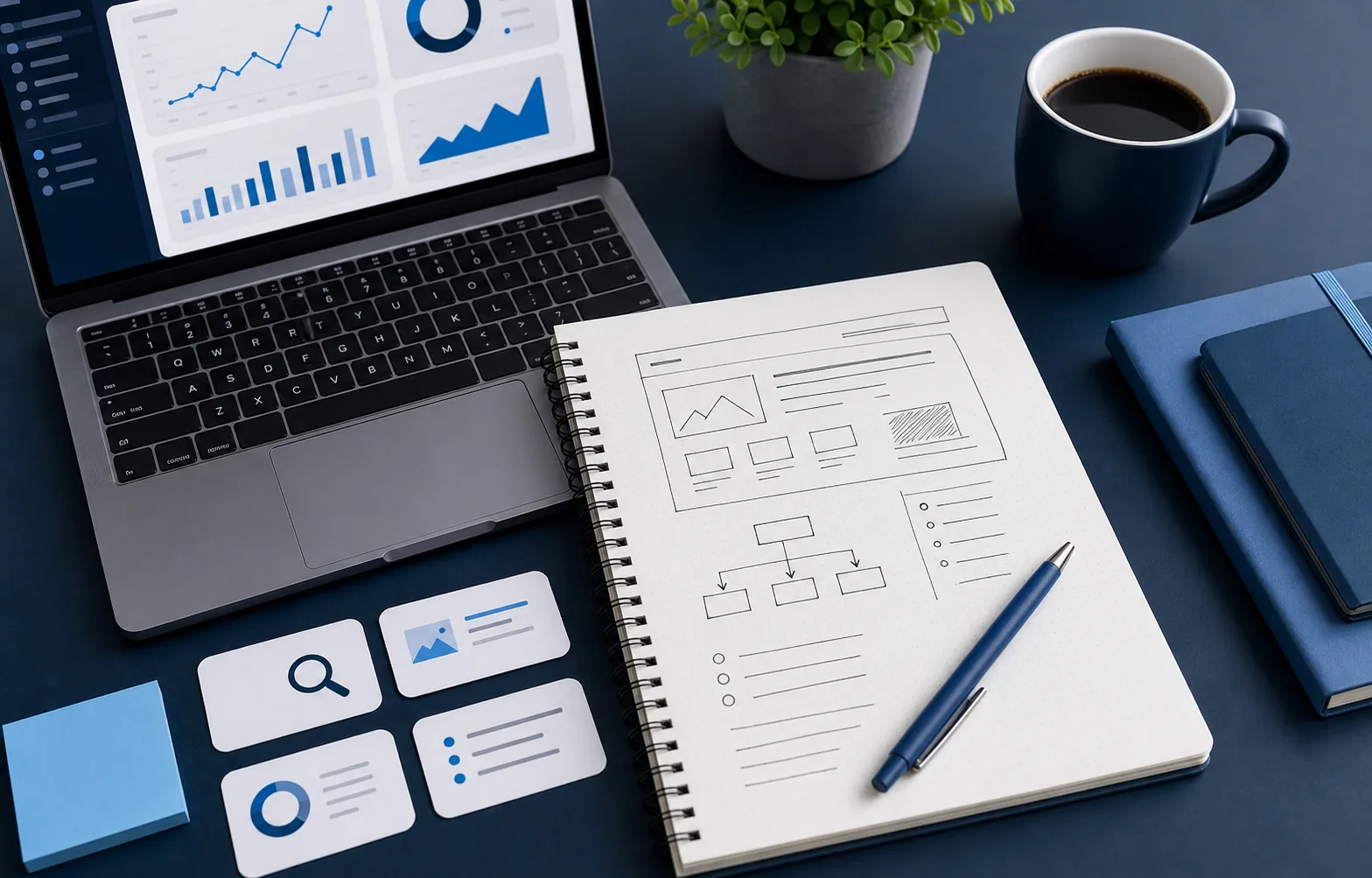 Catatan SEO dan wireframe website di meja kerja web developer