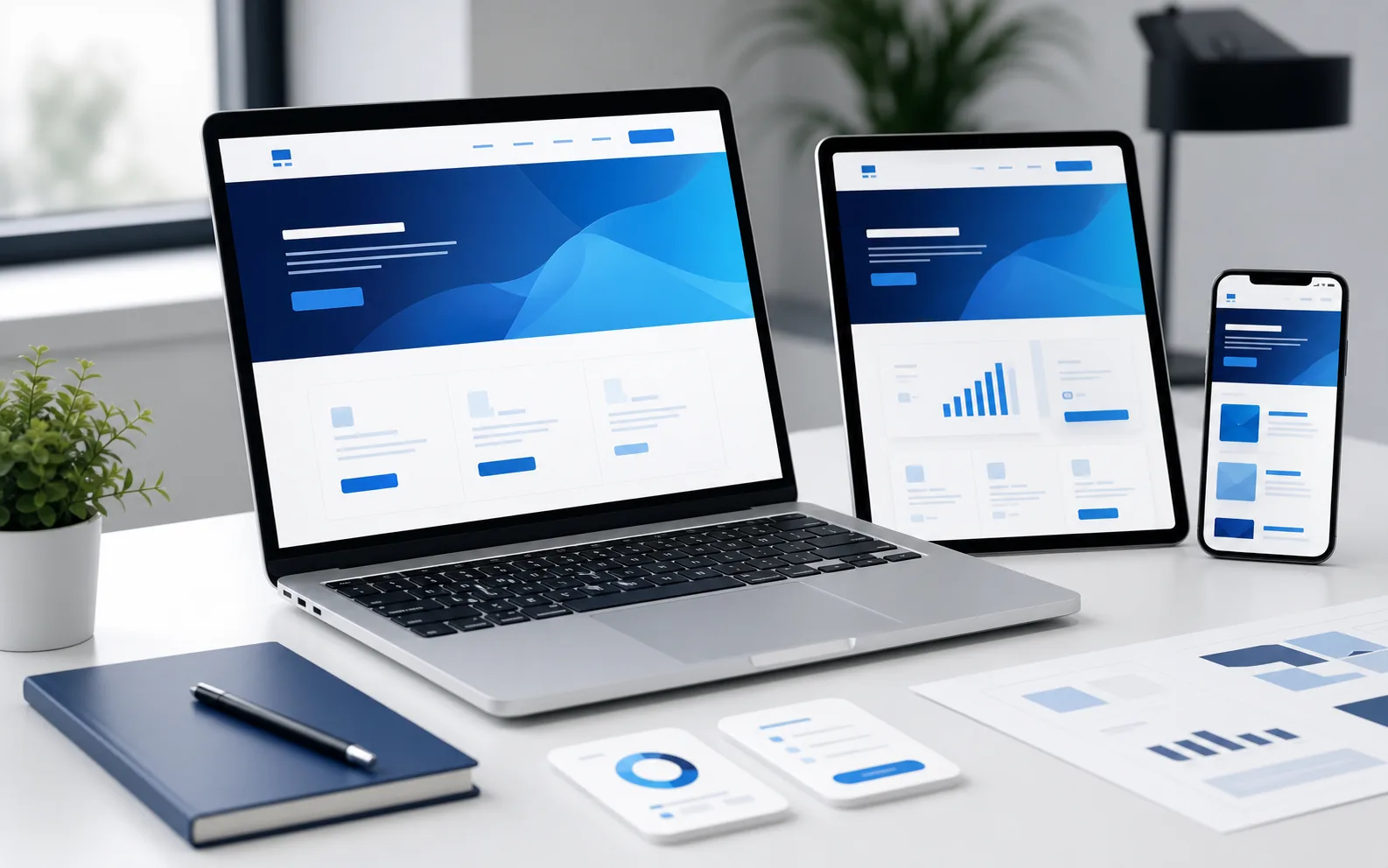 Website bisnis responsif tampil di laptop, tablet, dan ponsel