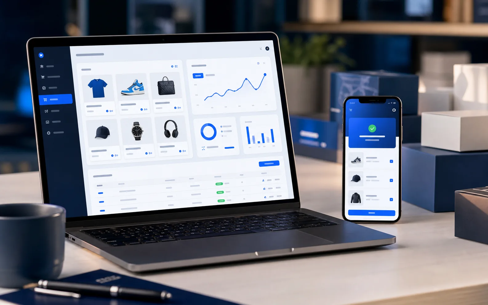 Dashboard e-commerce dan toko online tampil di laptop dan ponsel
