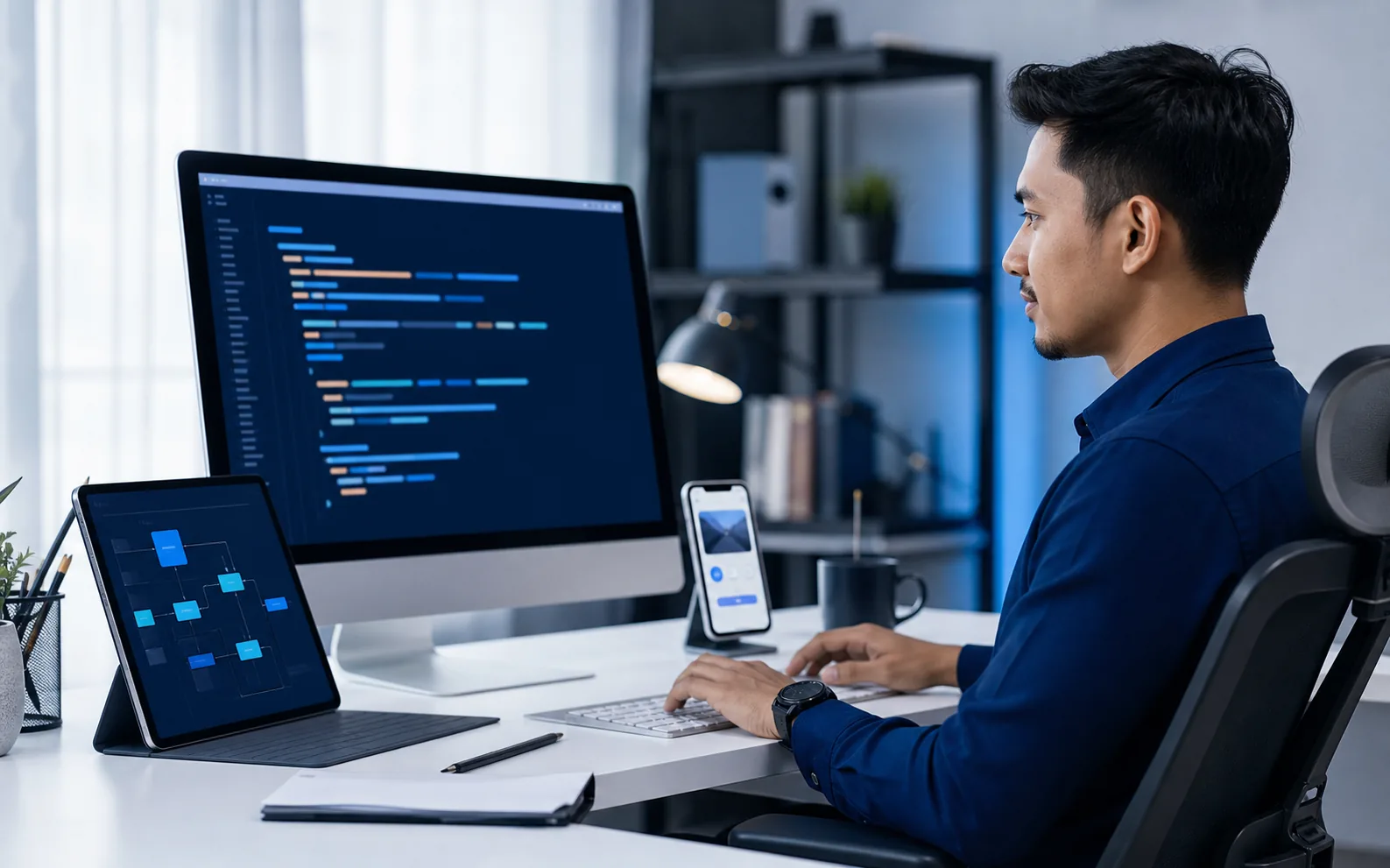 Freelance developer bekerja pada aplikasi web dan mobile di workstation profesional