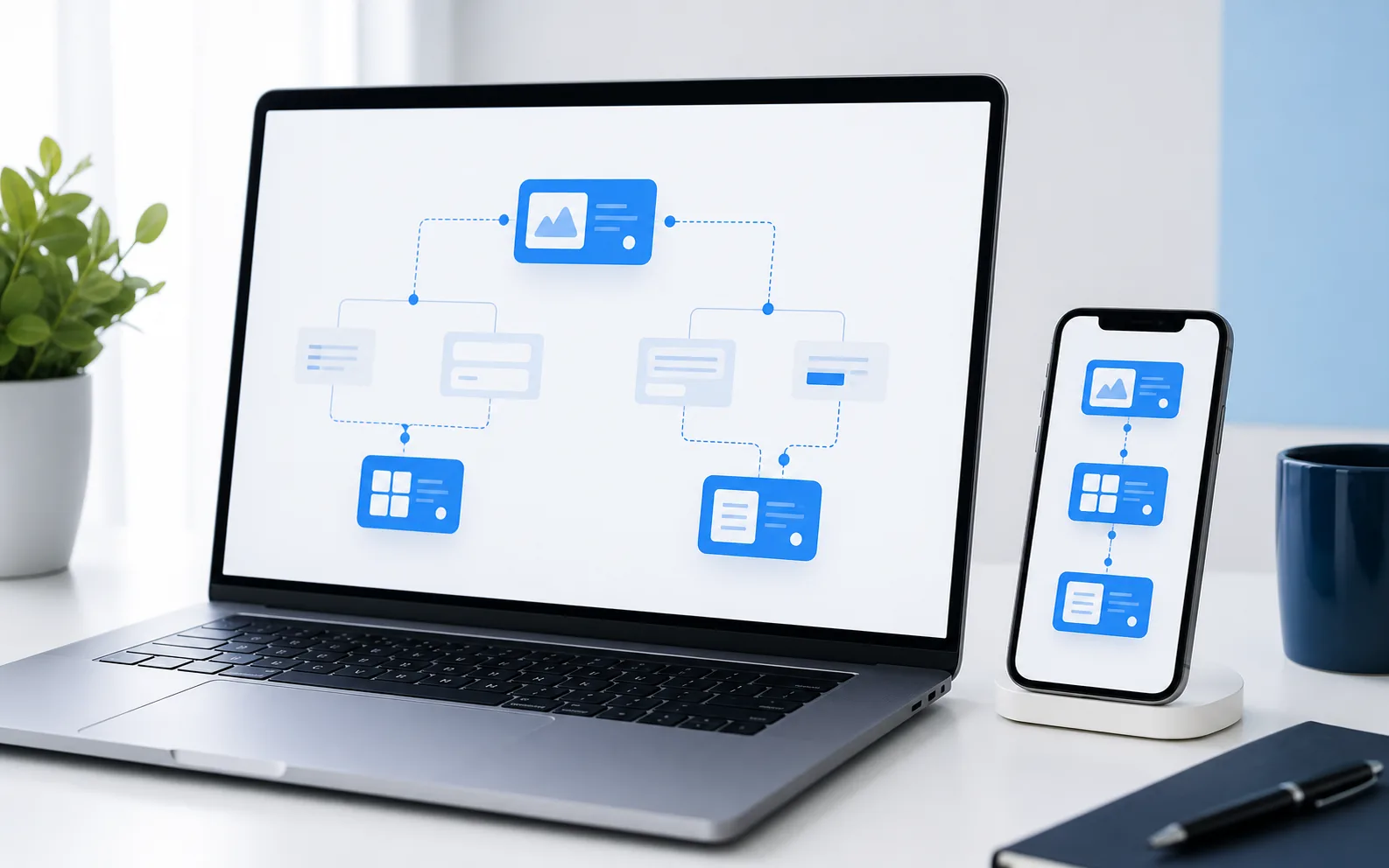 Peta navigasi aplikasi dan portfolio digital pada laptop dan ponsel